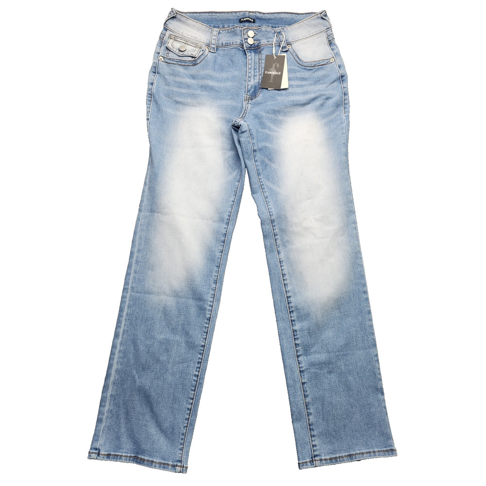 Flamingals Womens 2 Button Faded Light Blue Straight Leg Jeans XL